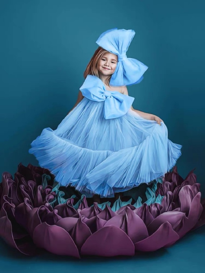 robe fille bleue en tulle à gros nœud