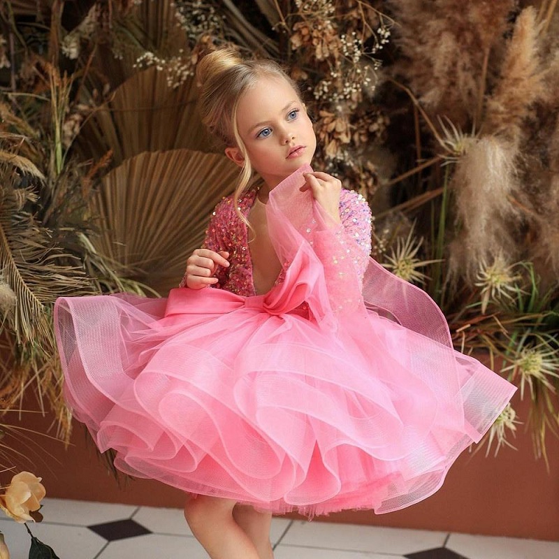 Robe tutu rose à paillettes et col en V profond (prend en charge la personnalisation d'une seule pièce)