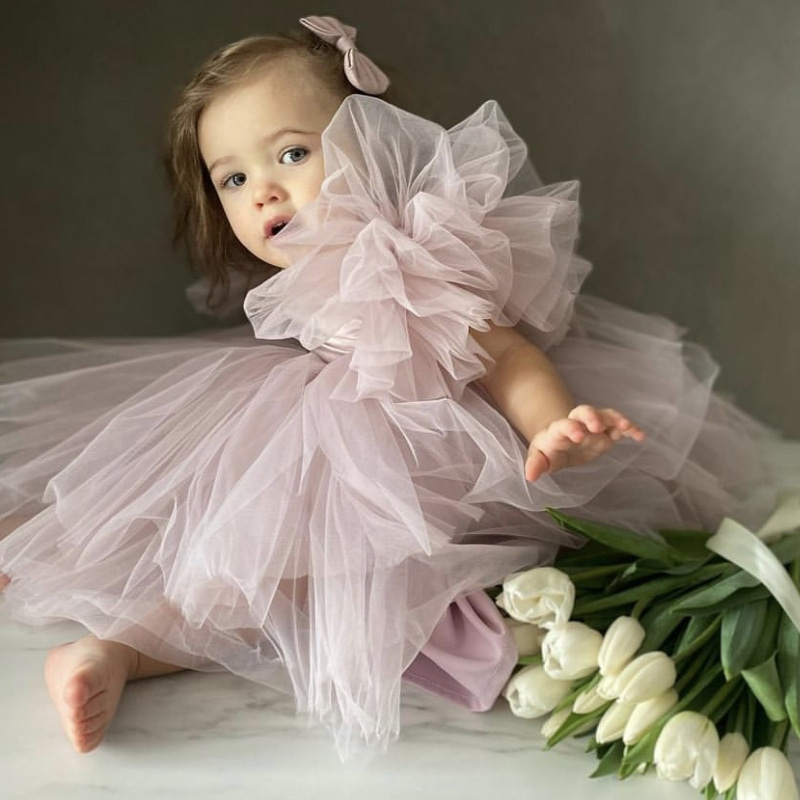 Robe rose Tutu en tulle à manches moelleuses 