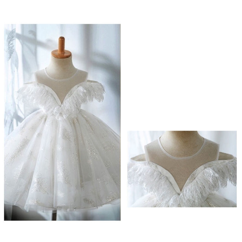 Robe fille à franges en dentelle à épaules dénudées