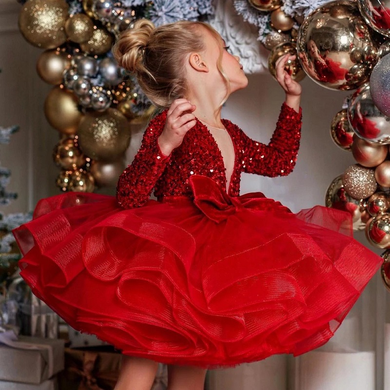 Robe rouge Tutu à paillettes et col en V profond (prend en charge la personnalisation d'une seule pièce)