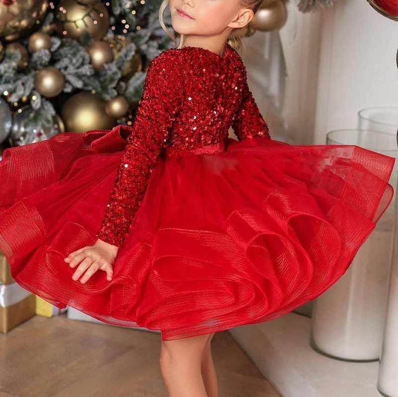 Robe rouge Tutu à paillettes et col en V profond (prend en charge la personnalisation d'une seule pièce)