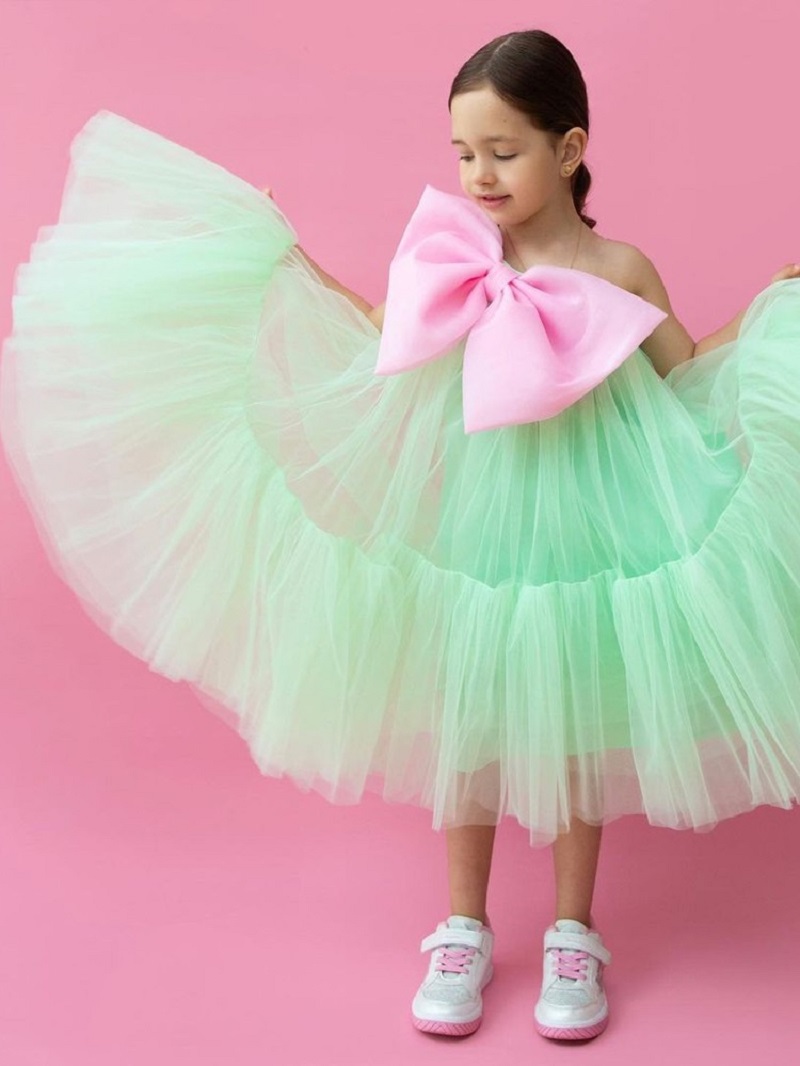 robe fille en tulle vert à gros nœud