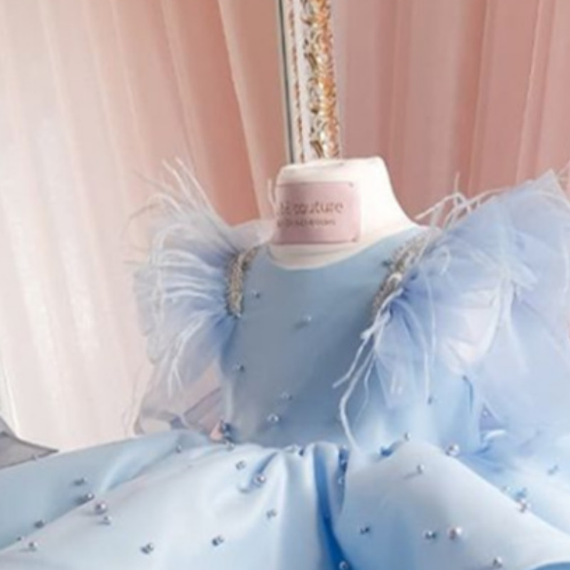 Robe Tutu bleue pour fille, manches plumes, perles et cristaux