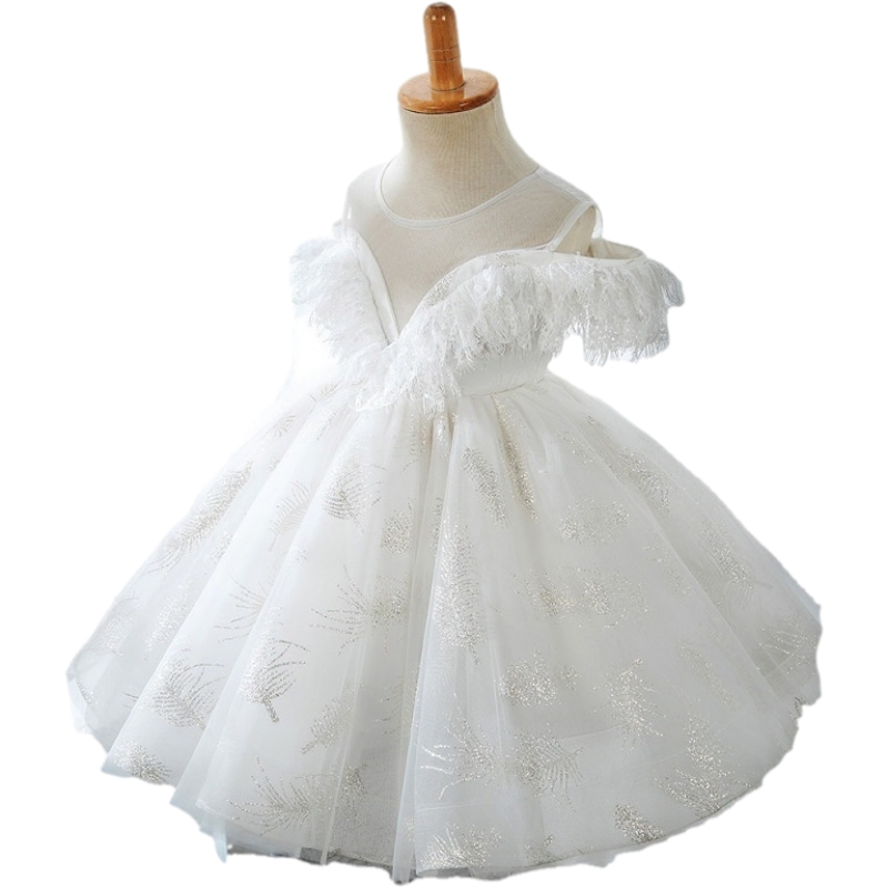 Robe fille à franges en dentelle à épaules dénudées