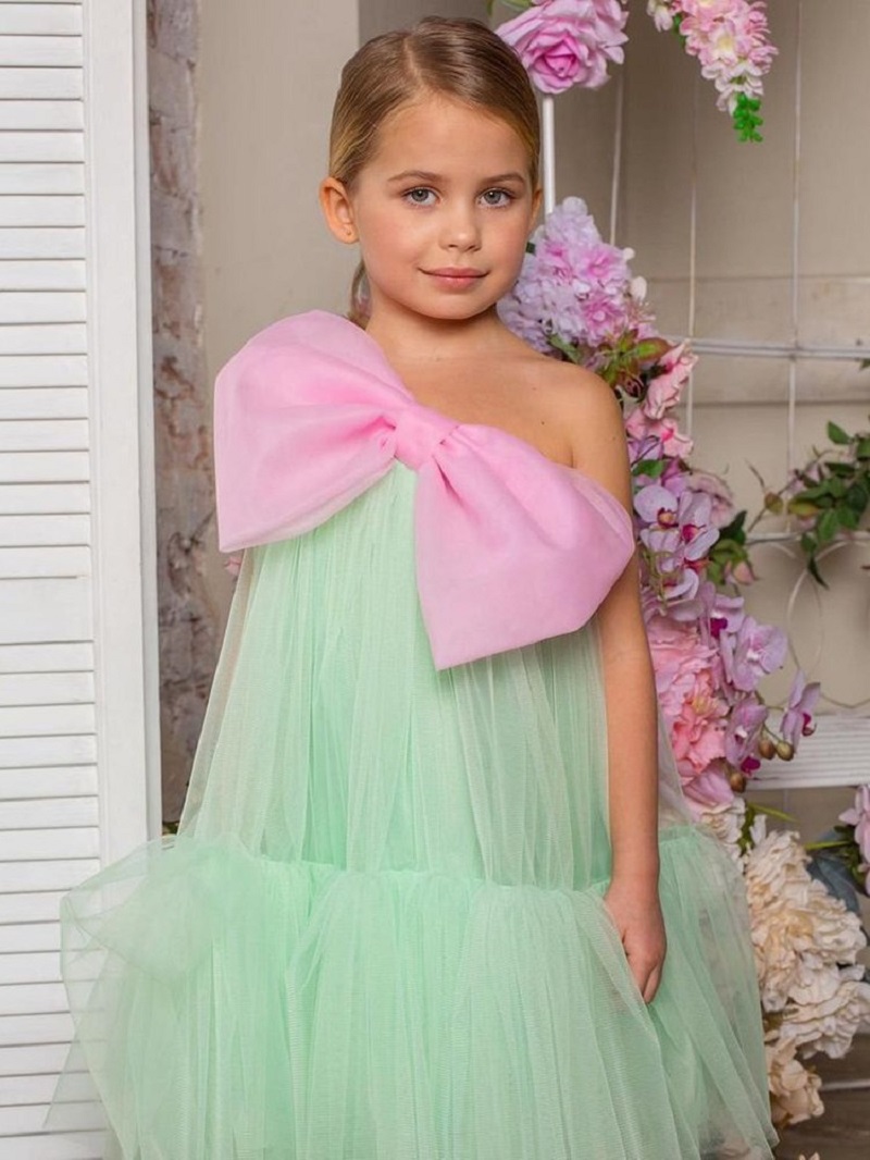 robe fille en tulle vert à gros nœud