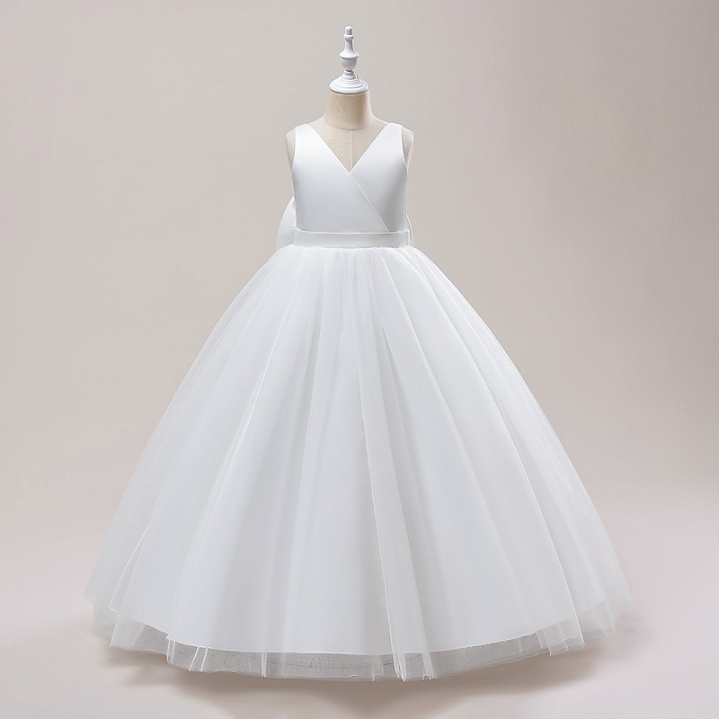 Robe blanche unie en tulle sans manches à col en V et longueur au sol