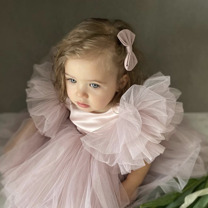 Robe rose Tutu en tulle à manches moelleuses 