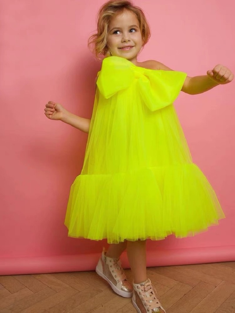 robe fille en tulle jaune à gros nœud