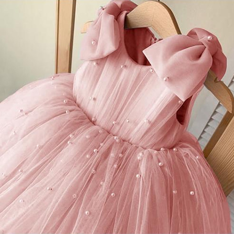 Robe princesse rose sans manches avec nœud perlé