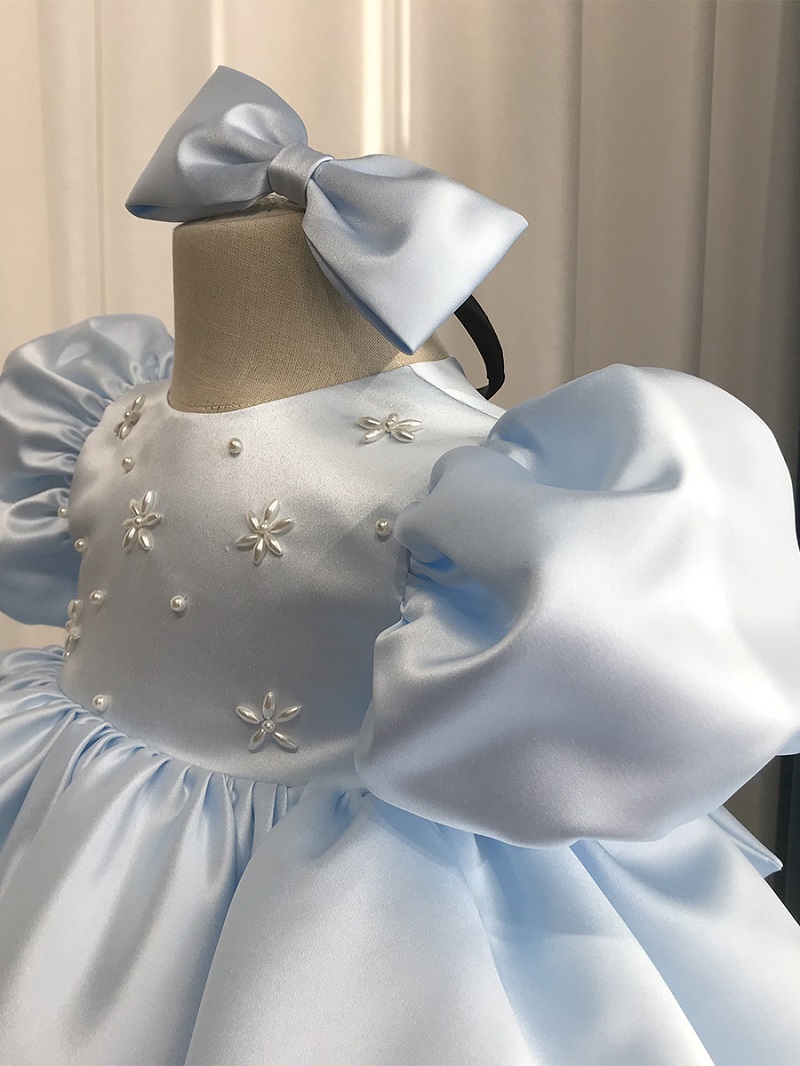 Robe bleue fille en soie moelleuse et perles